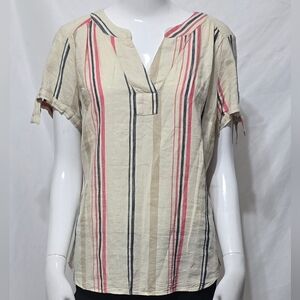 Christopher & Banks Linen Blend Striped Split V-Neck Blouse – Size S